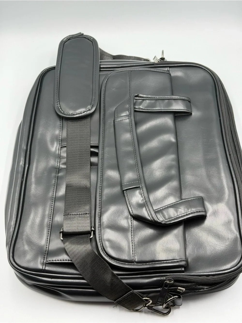 Black Faux Leather Laptop Briefcase / Messenger Bag